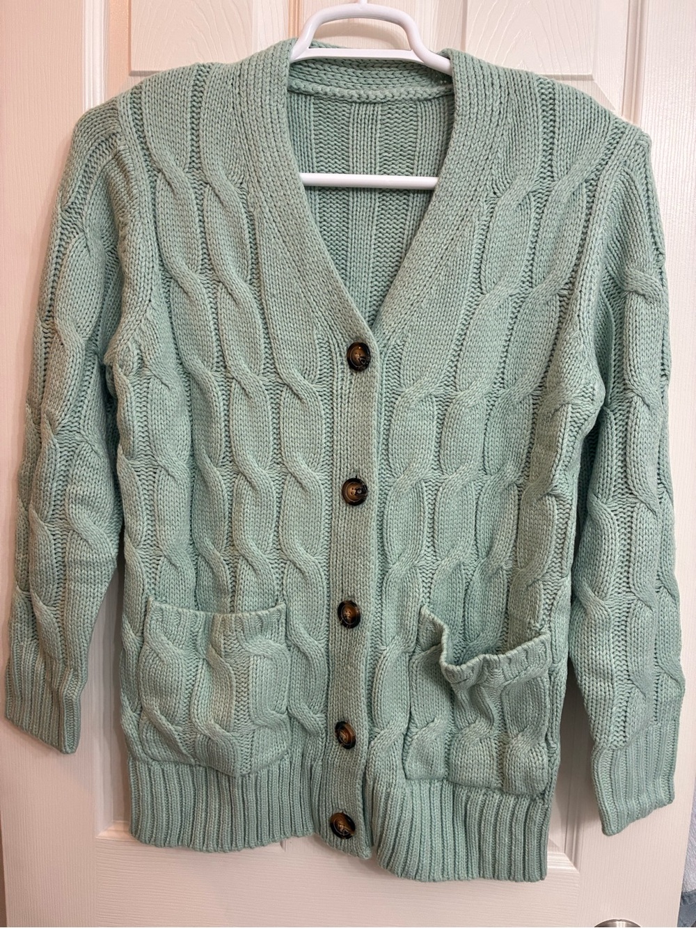Women's Mint Cable Knit Button-Up Cardigan